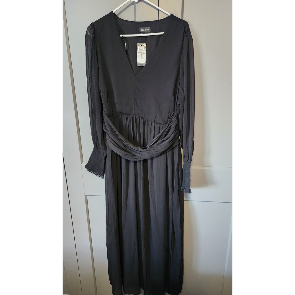 New $119 City Chic Dress Plus 16 Black Satin Chiffon Midi Button Long Sleeve NWT